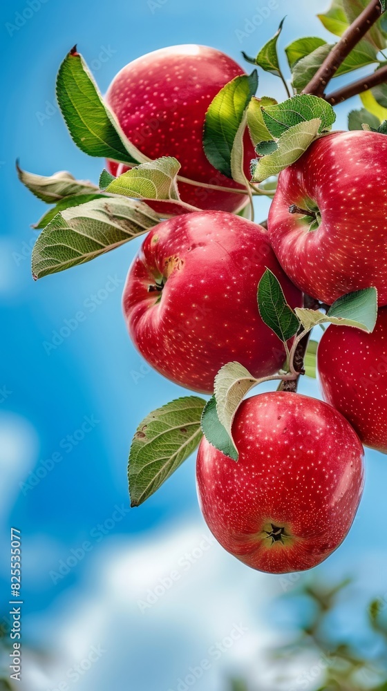 Obraz premium European crab apple or forest apple fruit. Delicious organic crab apples hanging on a branch of a crab apple tree in the summer sunshine.