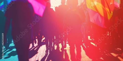 Blurred crowd of people walking in the street with a rainbow light effect.