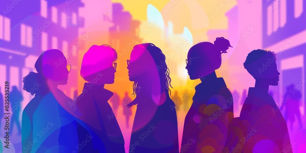 Group of diverse women in colorful urban environment, painted with vibrant colors. Group of diverse women in colorful urban environment, painted with vibrant colors.