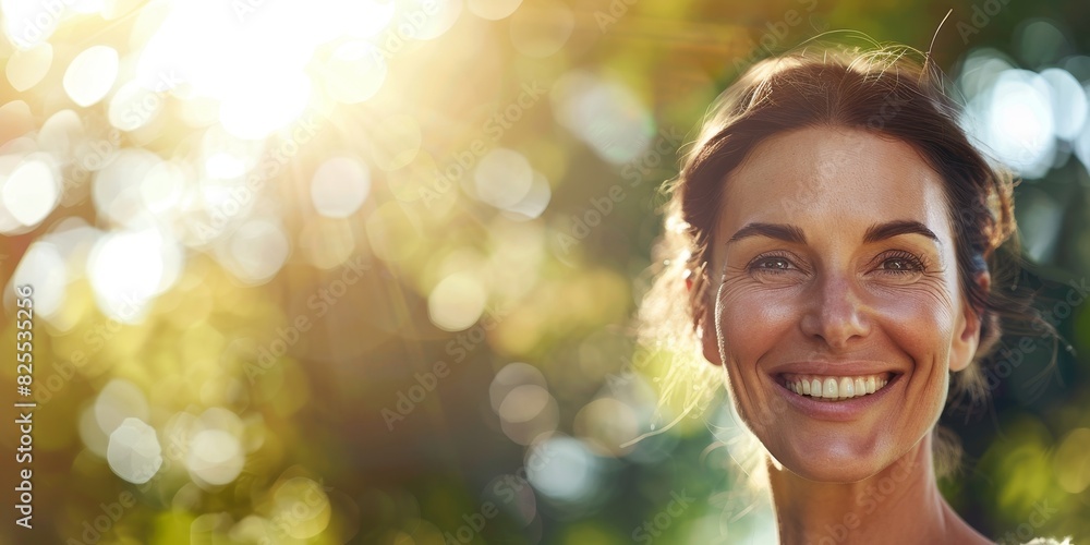 Happy mature woman smiling outside in nature with sunlight in the background Happy mature woman smiling outside in nature with sunlight in the background