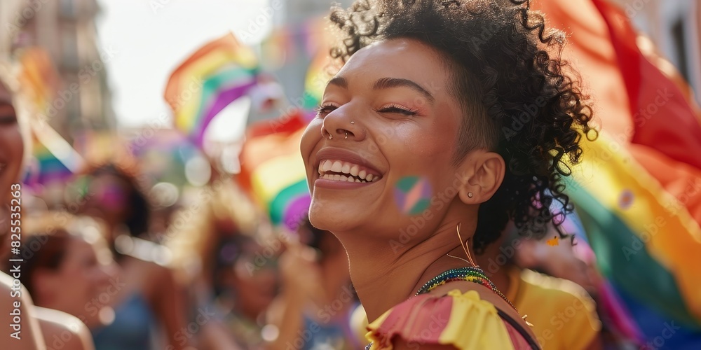 Happy young woman at a pride parade with a rainbow flag painted on her cheek. Happy young woman at a pride parade with a rainbow flag painted on her cheek.