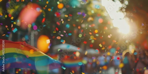Defocused shot of a waving rainbow flag during a gay pride parade with confetti falling from the sky.