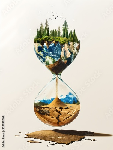 Earth is running out of time concept. A half of a beautiful globe with different trees at the top horizon turning into sand going down through an hourglass into arid world. 