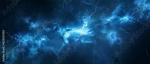 Lightning bolt  close up  night sky  sharp detail  dramatic lighting. Vivid blue electrical storm in a digital cloud for an energy concept.