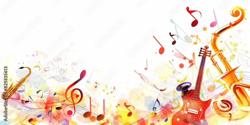 Colorful music notes and musical instruments background design isolated ...