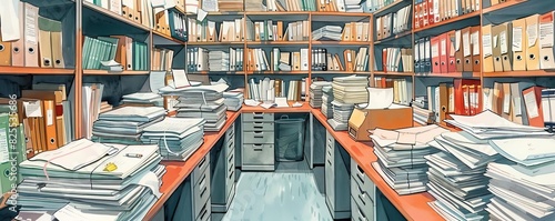 A meticulous illustration of a vacant small office in an accounting department, with 12 desks crammed with documents photo
