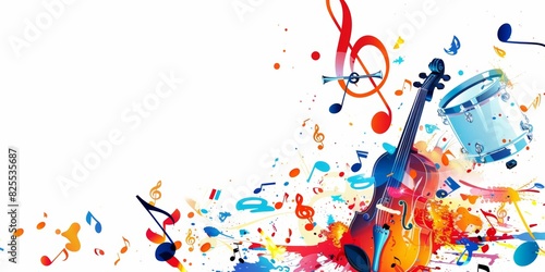 Colorful music notes and musical instruments isolated on white background, design for banner or poster of colorful music note with instrument, creative concept for music festival Generative AI photo