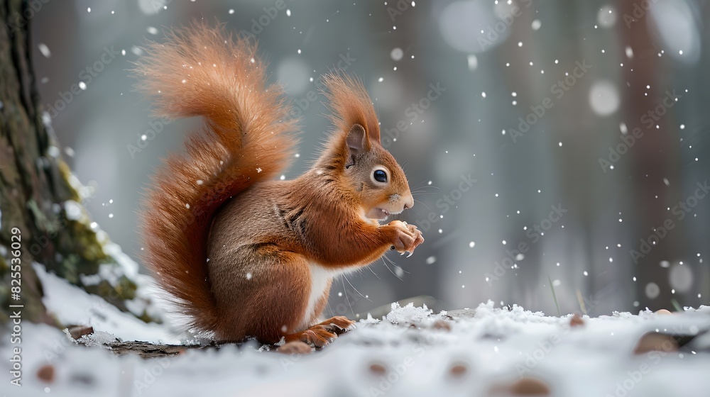 A cute squirrel holding a nut while sitting on snowy ground. Captivating winter scene with falling snowflakes. Ideal for nature cards, prints, and digital designs. AI A cute squirrel holding a nut while sitting on snowy ground. Captivating winter scene with falling snowflakes. Ideal for nature cards, prints, and digital designs. AI