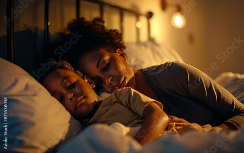 Black african american loving mother puts the child to bed © Malchevska Studio