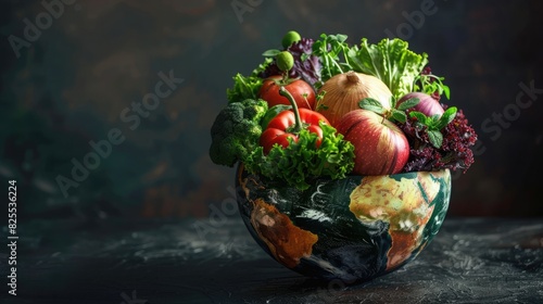 Salad bowl in the shape of Earth, representing the benefits of choosing locally sourced food Carbon footprint reduction photo