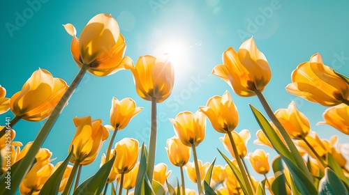 Bright yellow tulips below a clear blue sky. Captured in a sunny field. Perfect for spring-themed designs and nature lovers. AI