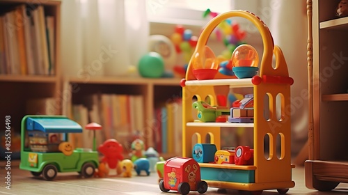 A photo of colorful educational toys in a playroom. photo