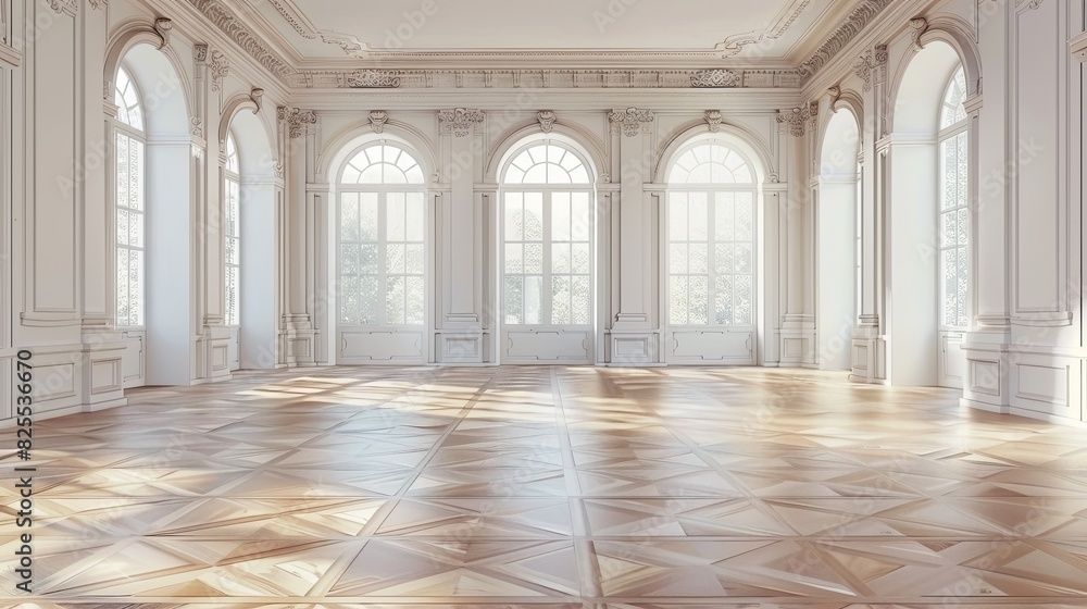 An empty banquet hall featuring a tiled floor and large windows, creating a bright and open space. Generative AI