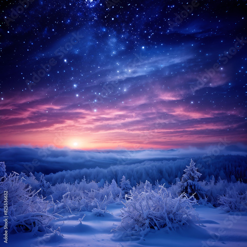 Magical Starry Night: Snow-Covered Winter Wonderland Landscape © Natthaphop