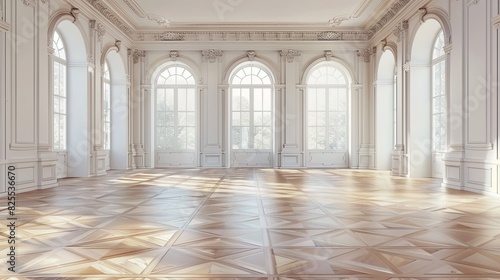 An empty banquet hall featuring a tiled floor and large windows  creating a bright and open space. Generative AI