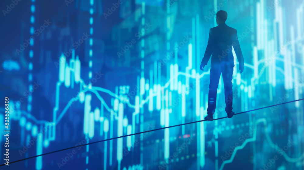 Silhouette of a businessman on tightrope against backdrop of fluctuating financial graphs Silhouette of a businessman on tightrope against backdrop of fluctuating financial graphs