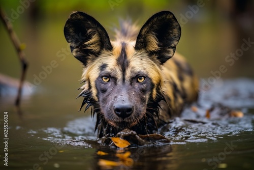 Hyena, family of predatory mammals of the suborder Feliformia, wild dog, dangerous animal in the wild, autumn landscape photo