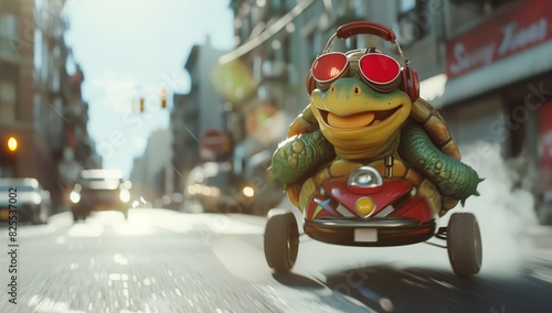 An anthropomorphic turtle in a go-kart races in a city setting photo