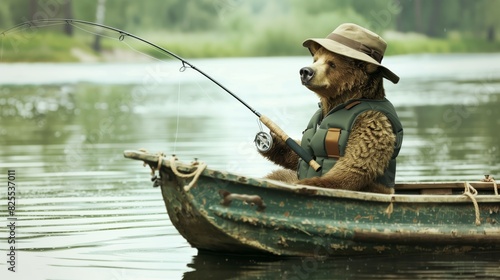 An amusing image of a bear dressed as a fisherman seated in a boat with a fishing rod