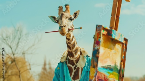 A creatively manipulated image of a giraffe wearing a jacket, holding a paintbrush in its mouth, acting as an artist