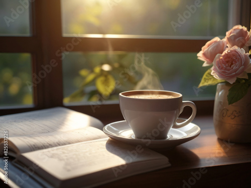 A moment of calm: a woman sits comfortably in her stylish room, sipping hot coffee from a teacup, with a bouquet of flowers and a soft smile, embodying relaxation and a touch of luxury.