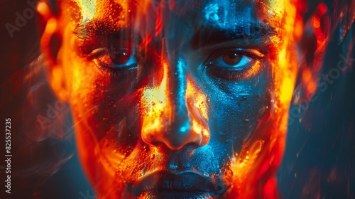 A close up of a man with fire and blue paint on his face  AI