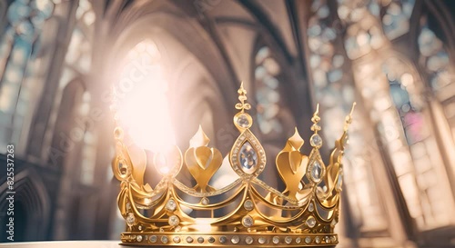 A gold royal king queen coronation crown with jewels and diamonds against a blurred gothic cathedral background with looped crystal and glass light leak overlays background image photo