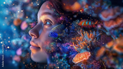 A woman immersed in an underwater scene with vibrant coral and marine life, highlighting imagination and creativity.