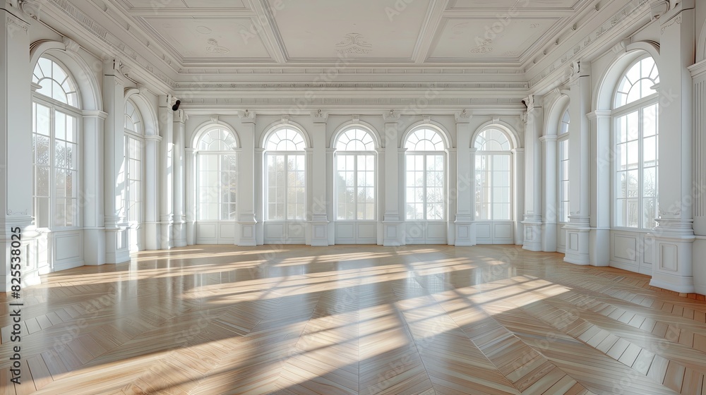Obraz premium Vintage-style banquet hall with parquet floors and expansive windows. Generative AI