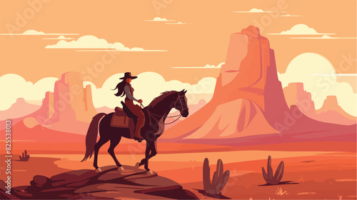Cowgirl horsewoman riding horse at American prairie