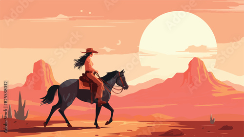 Cowgirl horsewoman riding horse at American prairie