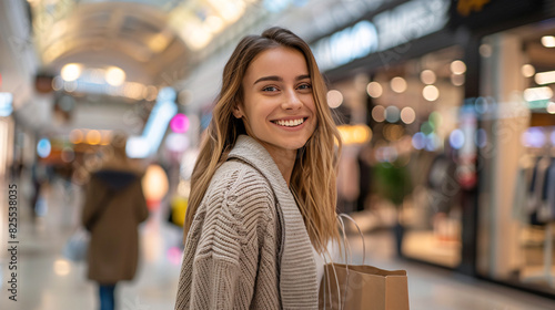 Smiling young woman with shopping bags enjoying a day at the busy mall photo