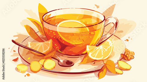 Cup of tea with lemon and ginger engraving vector i