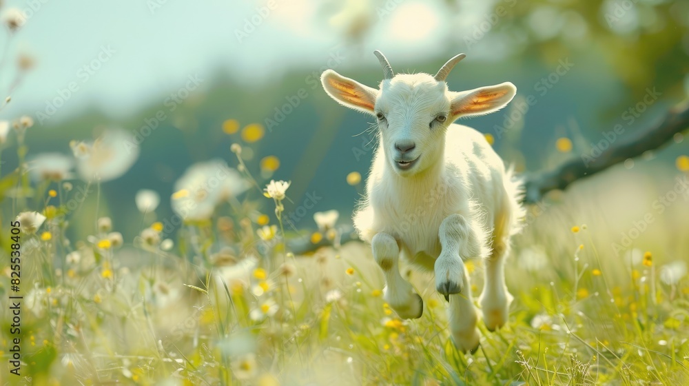 Joyful small goat frolicking across the meadow Joyful small goat frolicking across the meadow
