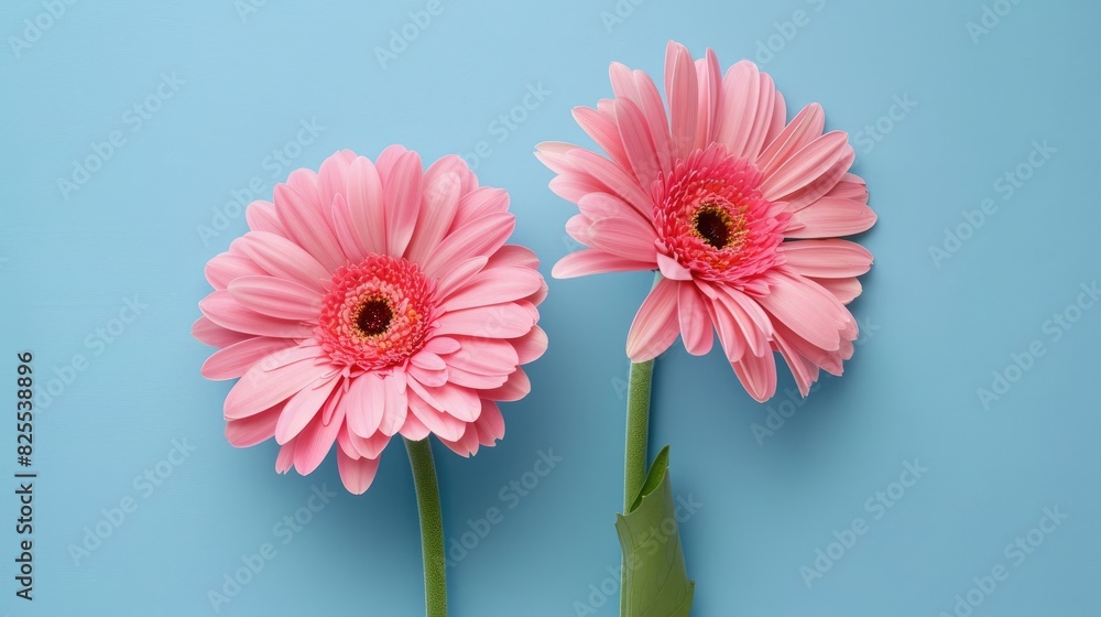 Gerbera daisies in pink set against a blue background viewed from the front with a border Gerbera daisies in pink set against a blue background viewed from the front with a border