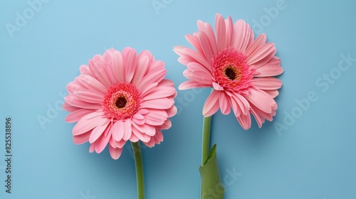 Gerbera daisies in pink set against a blue background viewed from the front with a border