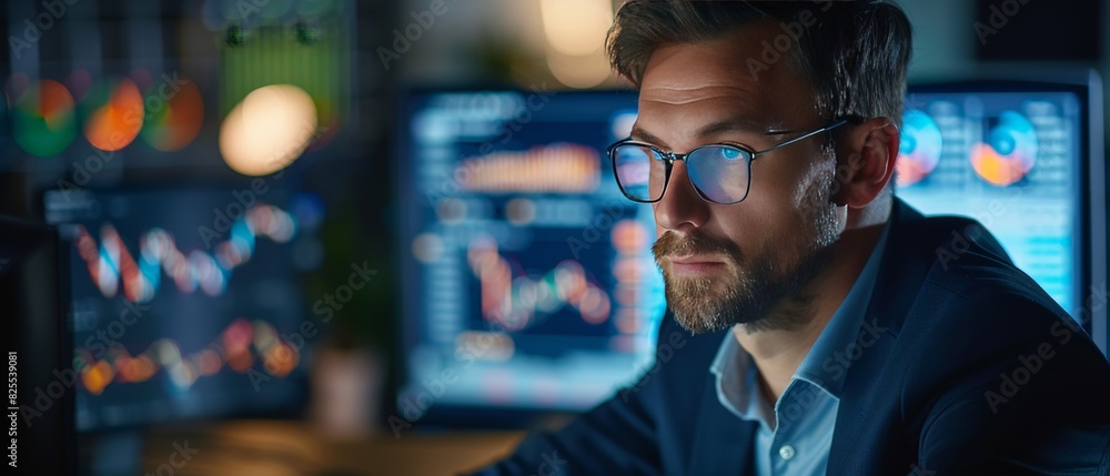 A finance expert analyzing mutual fund performance and market trends using advanced digital tools and big data analytics in a sleek, modern office. A finance expert analyzing mutual fund performance and market trends using advanced digital tools and big data analytics in a sleek, modern office.