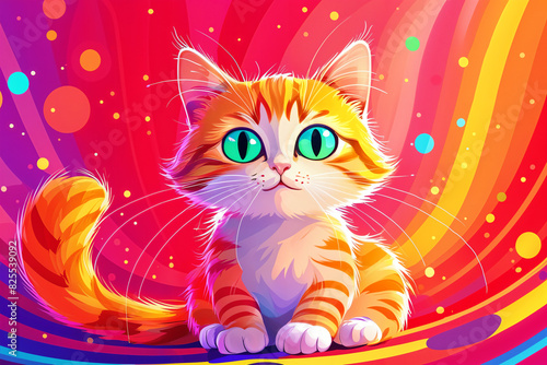 A cute orange and white cat with striking green eyes  sitting on a colorful background that resembles a swirl of rainbow colors.