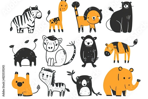 A collection of different animals characterized by different styles of scribbles photo