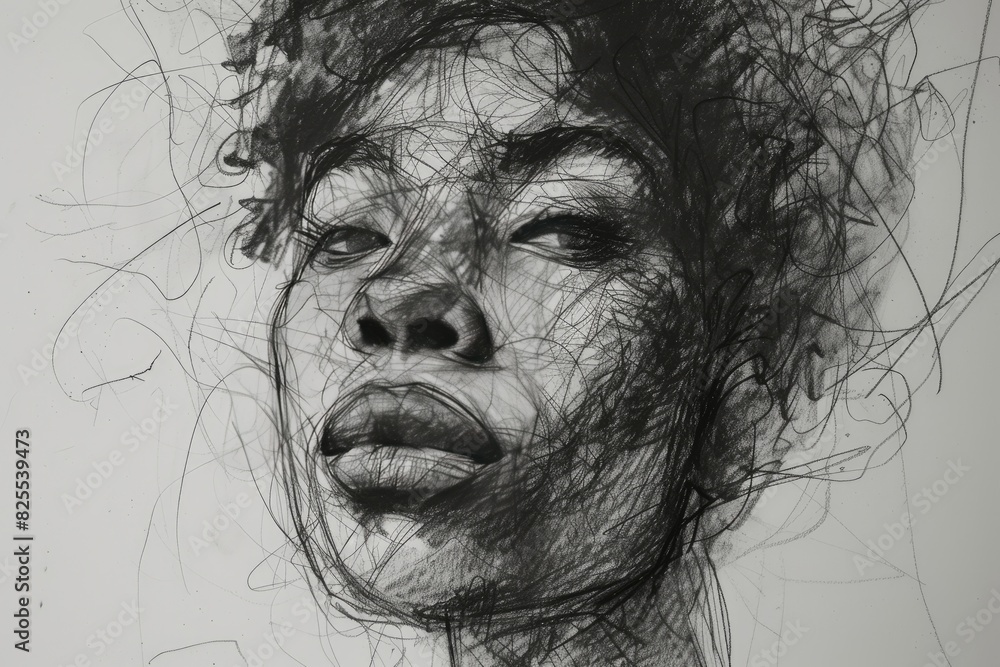 A detailed portrait utilizing only scribbles lines and shading of a women, Line art of girl face on white background A detailed portrait utilizing only scribbles lines and shading of a women, Line art of girl face on white background