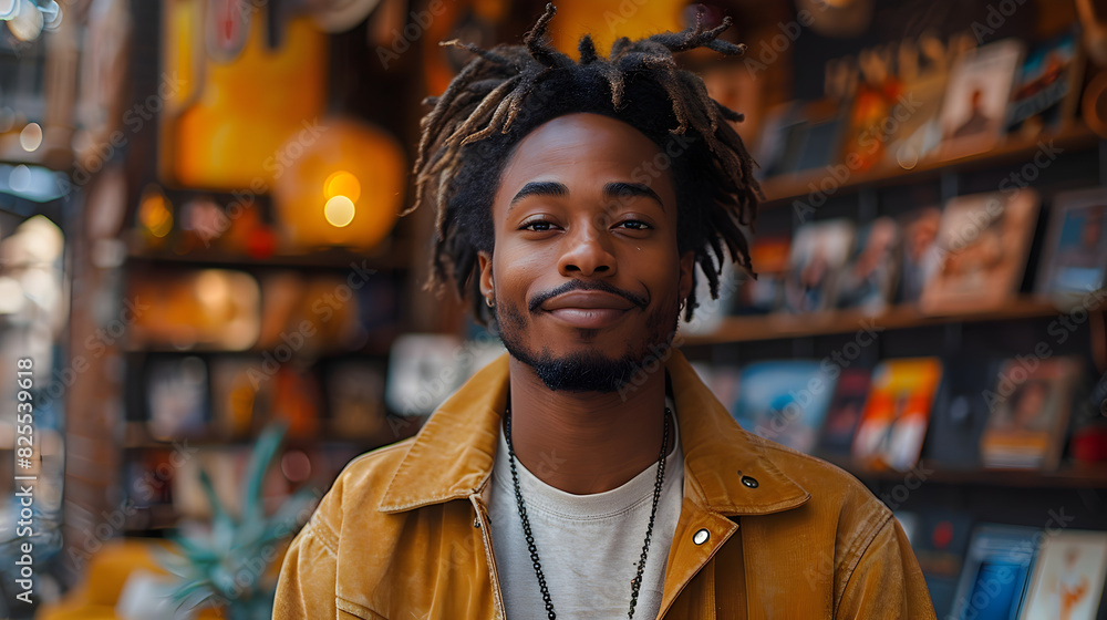A Young Man Smiles in a Bookstore with Bookshelves in the Background A Young Man Smiles in a Bookstore with Bookshelves in the Background