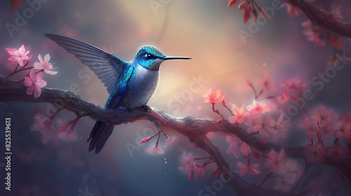 A blue hummingbird perched on a tree branch, that has flowers instead of feathers, the hummingbird is adorned with an array of flowers in shades of pink, red, and yellow, petals gently fluttering as i