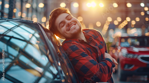 Happy young man leaning on car at dusk