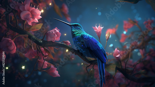 A blue hummingbird perched on a tree branch, that has flowers instead of feathers, the bird's body seamlessly transitioning from metallic blue to a bouquet of flowers, petals replacing feathers, the b photo