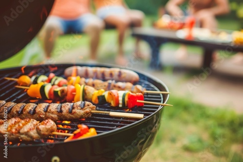 Group of friends enjoying a backyard barbecue party with assorted grilled foods - Social Gathering, Summer Entertainment, Outdoor Cooking photo