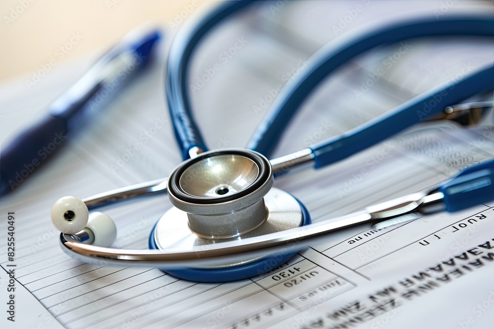 Minimalist photo of stethoscope with medical report yet impactful composition Minimalist photo of stethoscope with medical report yet impactful composition