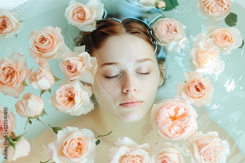 Beautiful girl taking bath with rose flower, A vintage camera capturing a timeless moment of women taking bath with rose