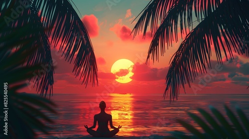 A woman doing yoga at sunset beach with palms poster with copy space - Fictional Person
