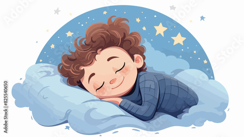 Cute little child cartoon character sleeping in bed