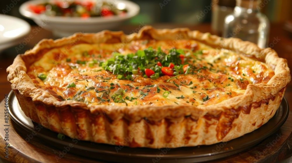 A savory quiche representing the up and down quarks that make up protons and neutrons held together by the gluon boson. A savory quiche representing the up and down quarks that make up protons and neutrons held together by the gluon boson.